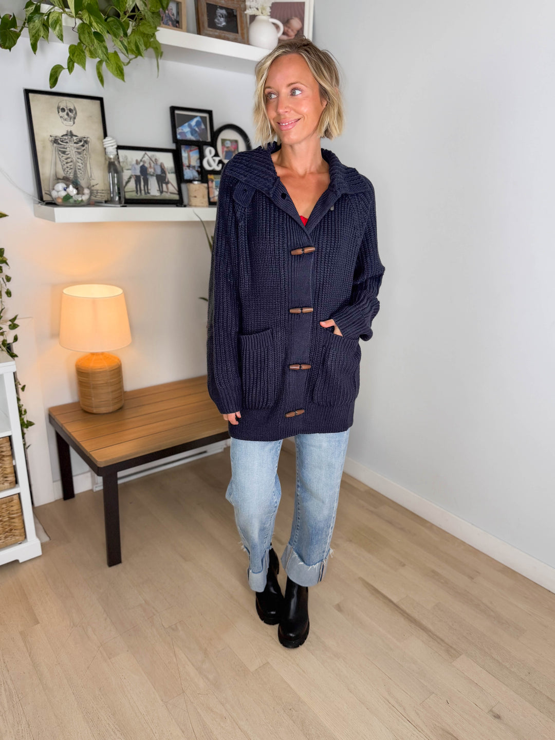 Palms Toggle Chunky Knit Long Line Coatigan- NAVY