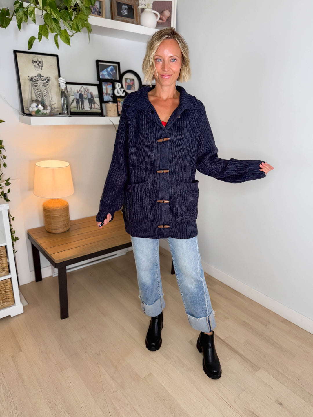 Palms Toggle Chunky Knit Long Line Coatigan- NAVY