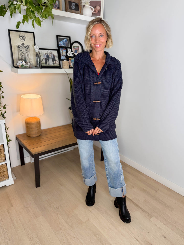 Palms Toggle Chunky Knit Long Line Coatigan- NAVY