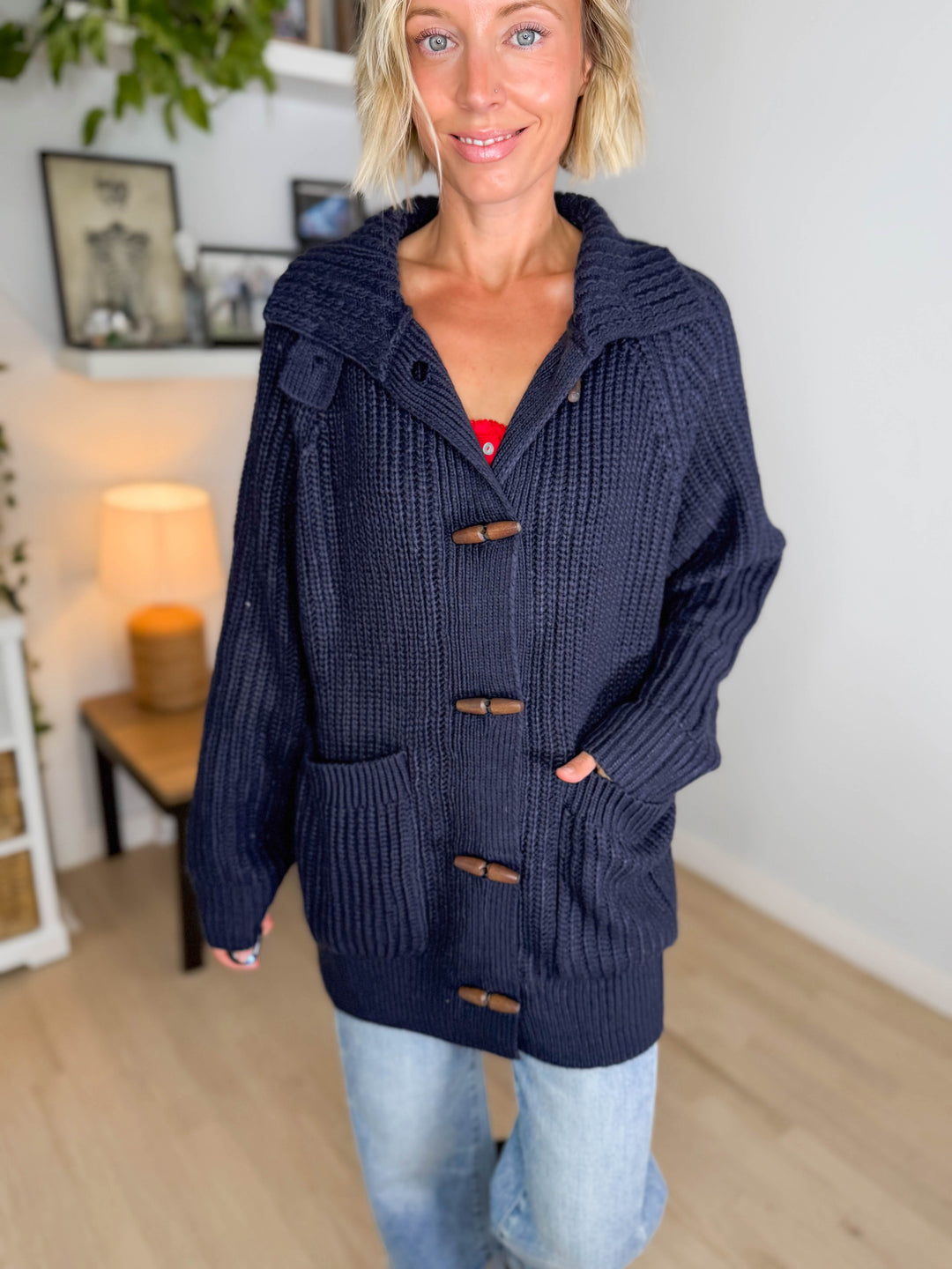 Palms Toggle Chunky Knit Long Line Coatigan- NAVY