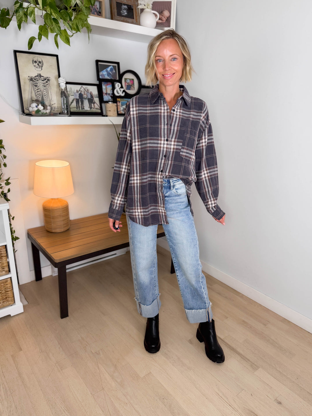 Hartleigh Washed Cotton Plaid Button Down- NAVY MULTI