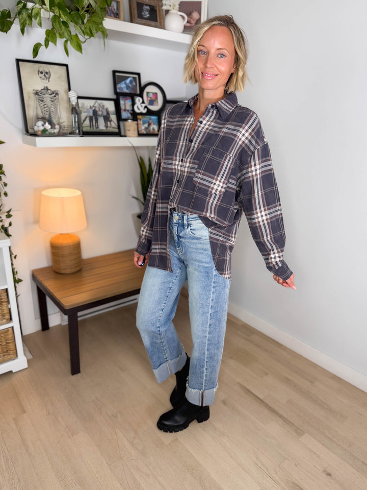 Hartleigh Washed Cotton Plaid Button Down- NAVY MULTI