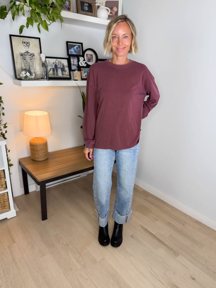Landyn Washed Cotton Crewneck Long Sleeve- MAROON