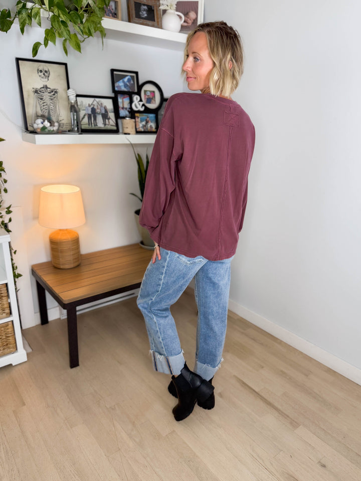 Landyn Washed Cotton Crewneck Long Sleeve- MAROON