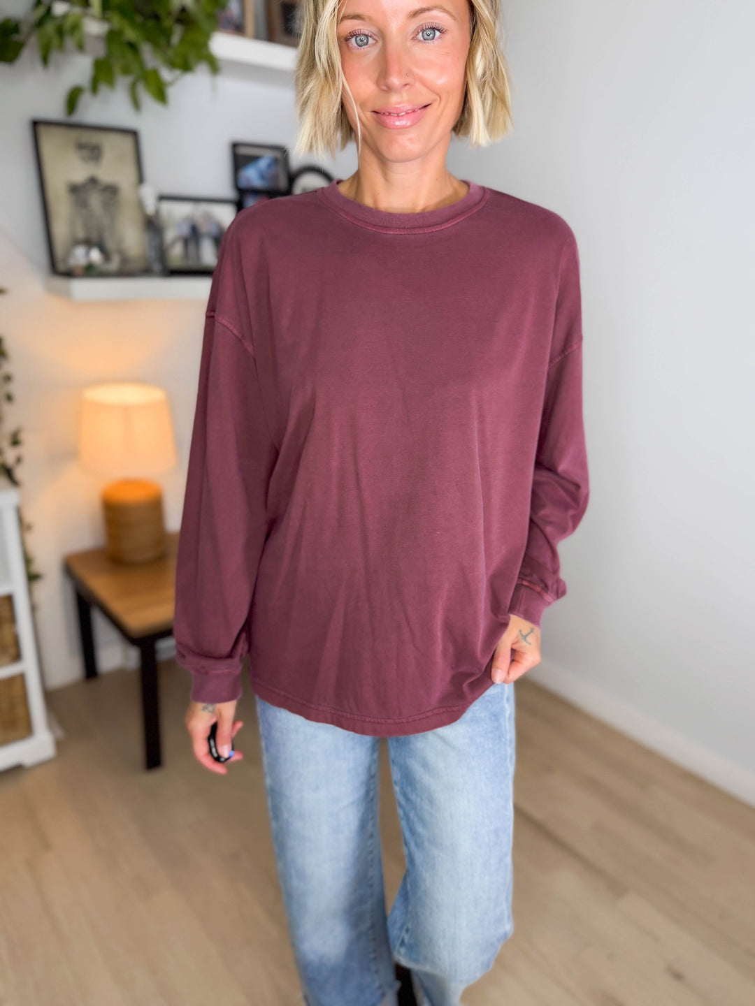 Landyn Washed Cotton Crewneck Long Sleeve- MAROON