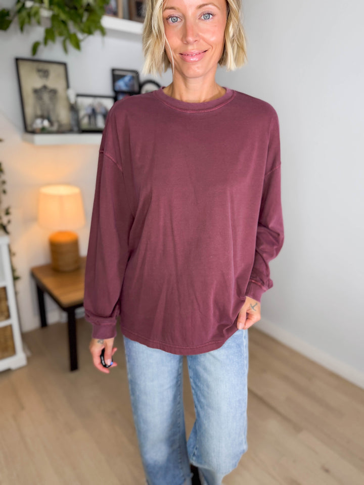 Landyn Washed Cotton Crewneck Long Sleeve- MAROON