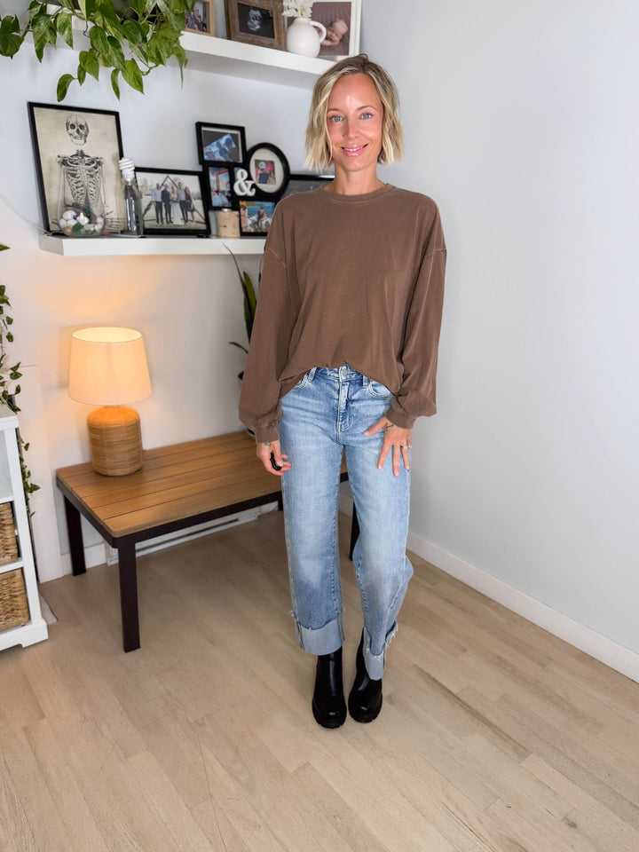 Landyn Washed Cotton Crewneck Long Sleeve- BROWN