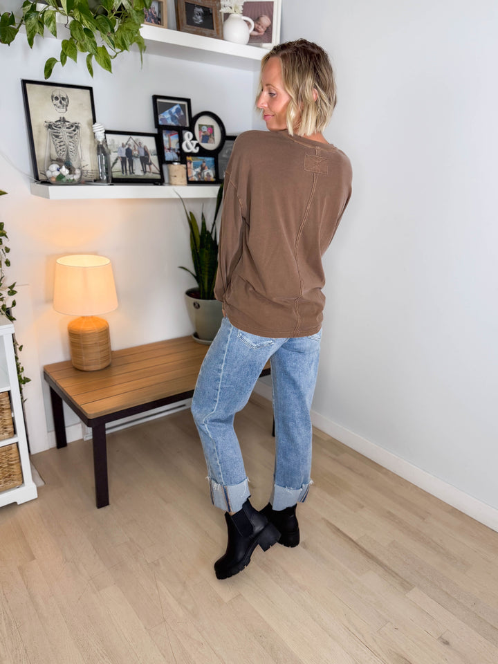 Landyn Washed Cotton Crewneck Long Sleeve- BROWN