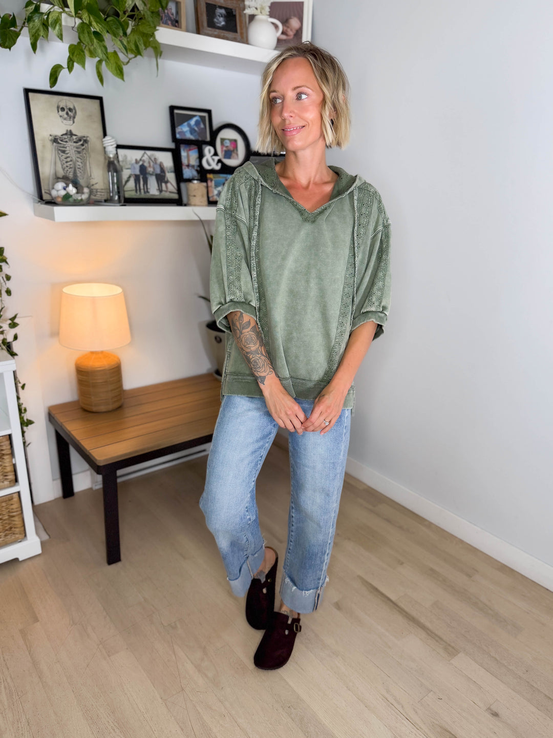 Mapleton Lace Eyelet 1/2 Sleeve Pullover- OLIVE