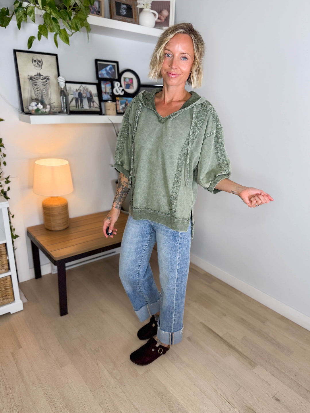 Mapleton Lace Eyelet 1/2 Sleeve Pullover- OLIVE