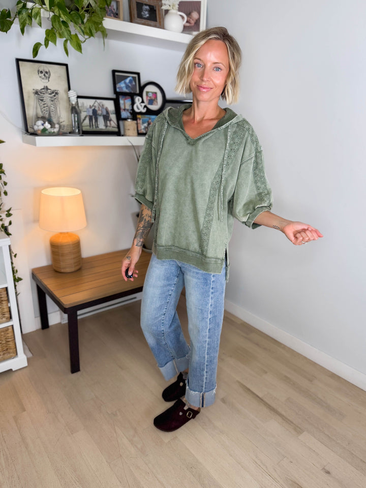 Mapleton Lace Eyelet 1/2 Sleeve Pullover- OLIVE
