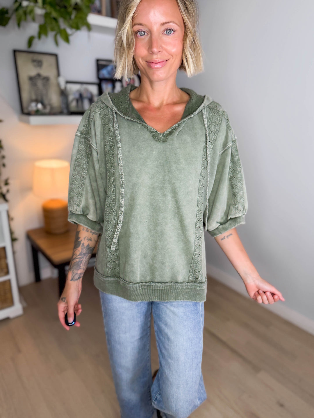 Mapleton Lace Eyelet 1/2 Sleeve Pullover- OLIVE