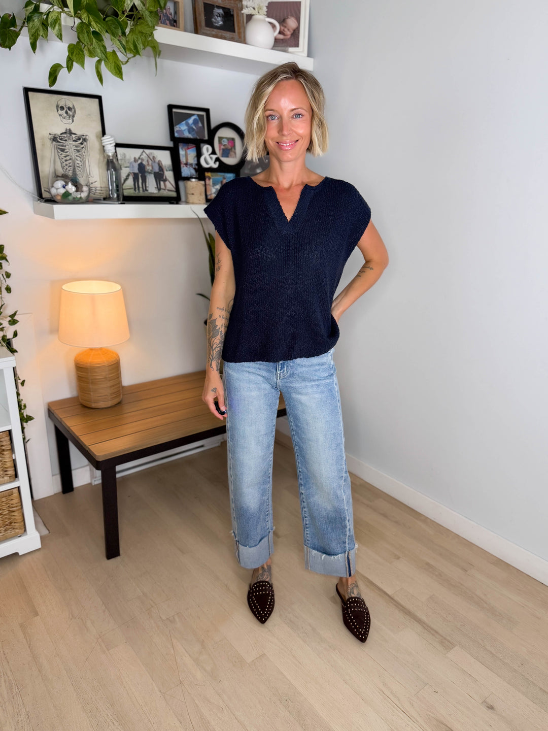 Fable Cotton Slub Sweater Top- MIDNIGHT