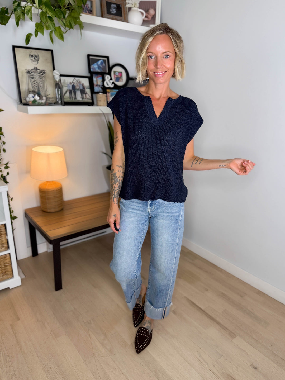 Fable Cotton Slub Sweater Top- MIDNIGHT