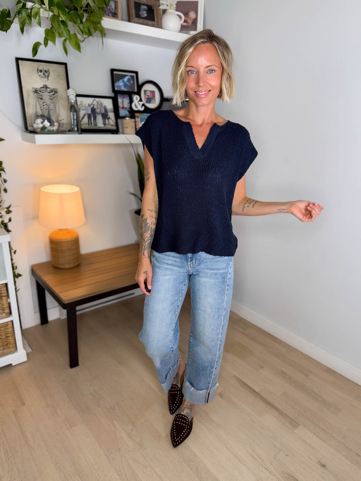 Fable Cotton Slub Sweater Top- MIDNIGHT