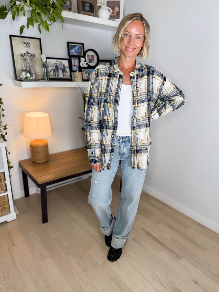Harvest Moon Distressed Button Down Shacket- NAVY MULTI