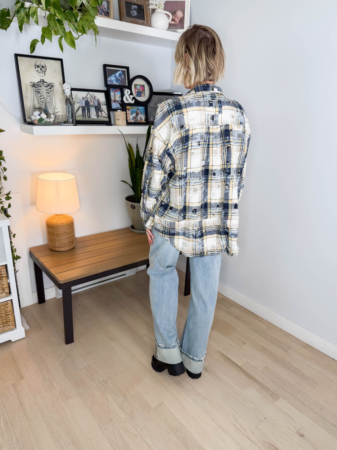 Harvest Moon Distressed Button Down Shacket- NAVY MULTI