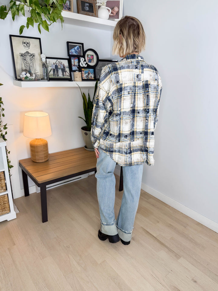 Harvest Moon Distressed Button Down Shacket- NAVY MULTI