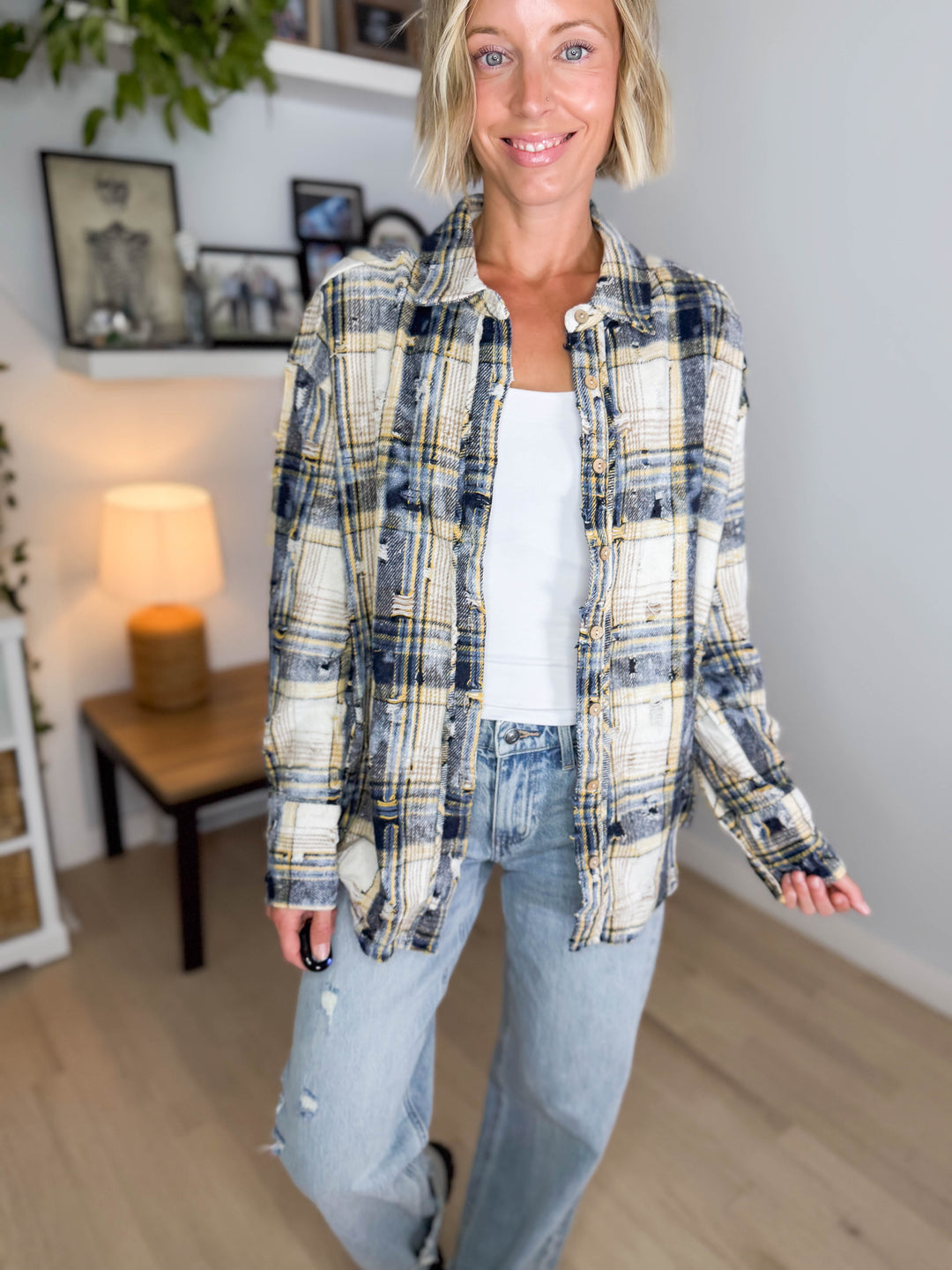 Harvest Moon Distressed Button Down Shacket- NAVY MULTI