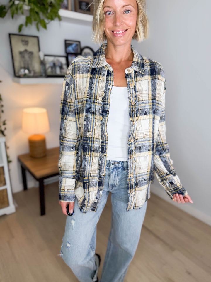 Harvest Moon Distressed Button Down Shacket- NAVY MULTI