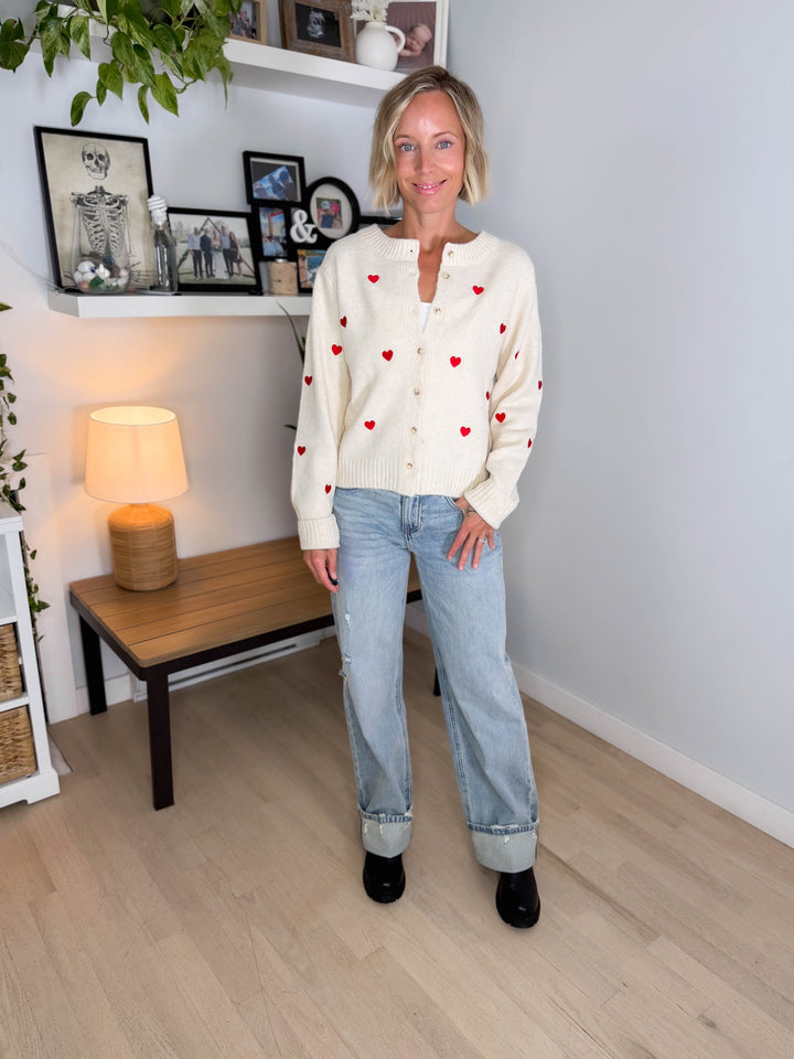 Orchard Heart Embrodiered Button Down Cardigan- ECRU