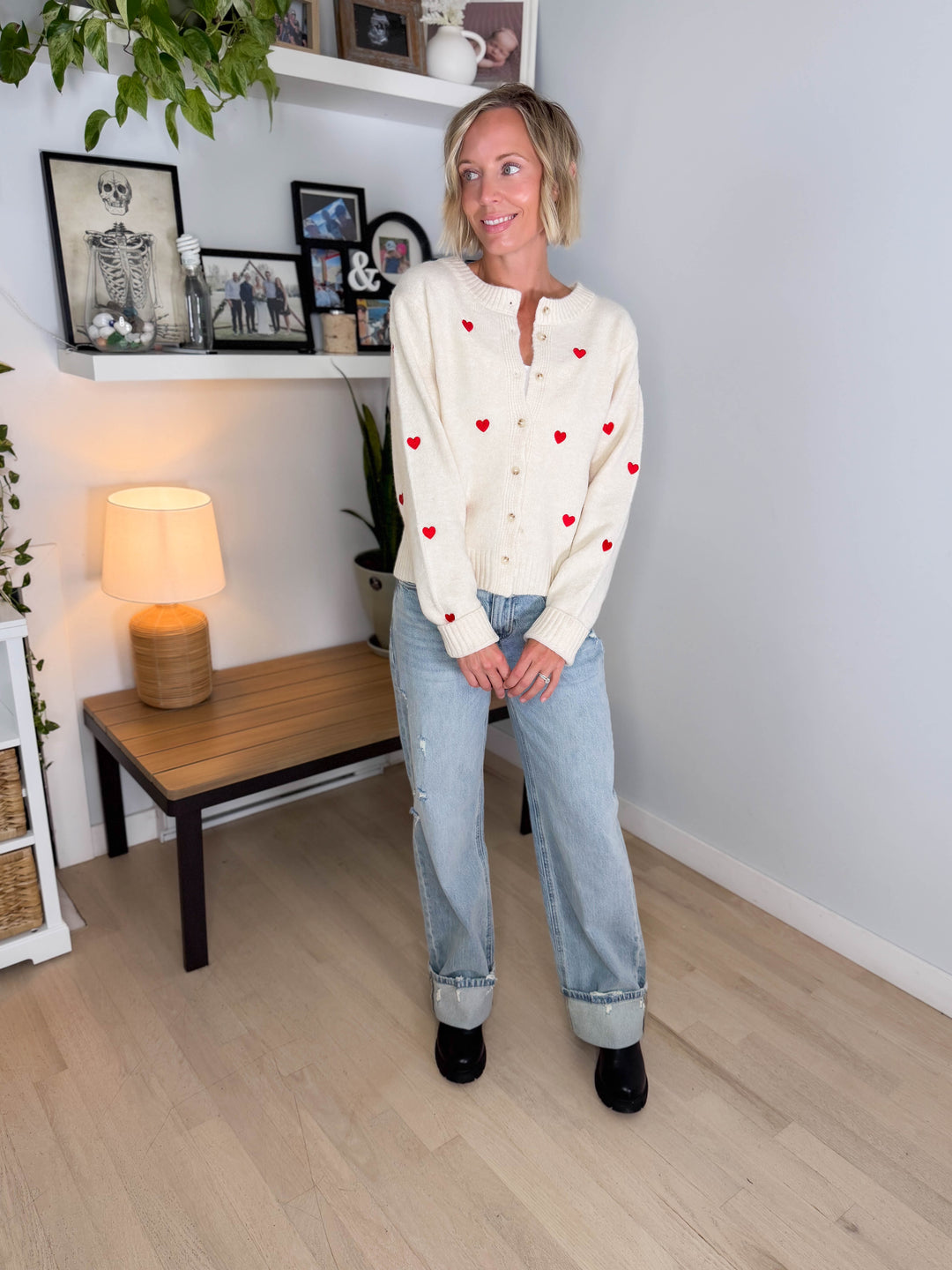 Orchard Heart Embrodiered Button Down Cardigan- ECRU
