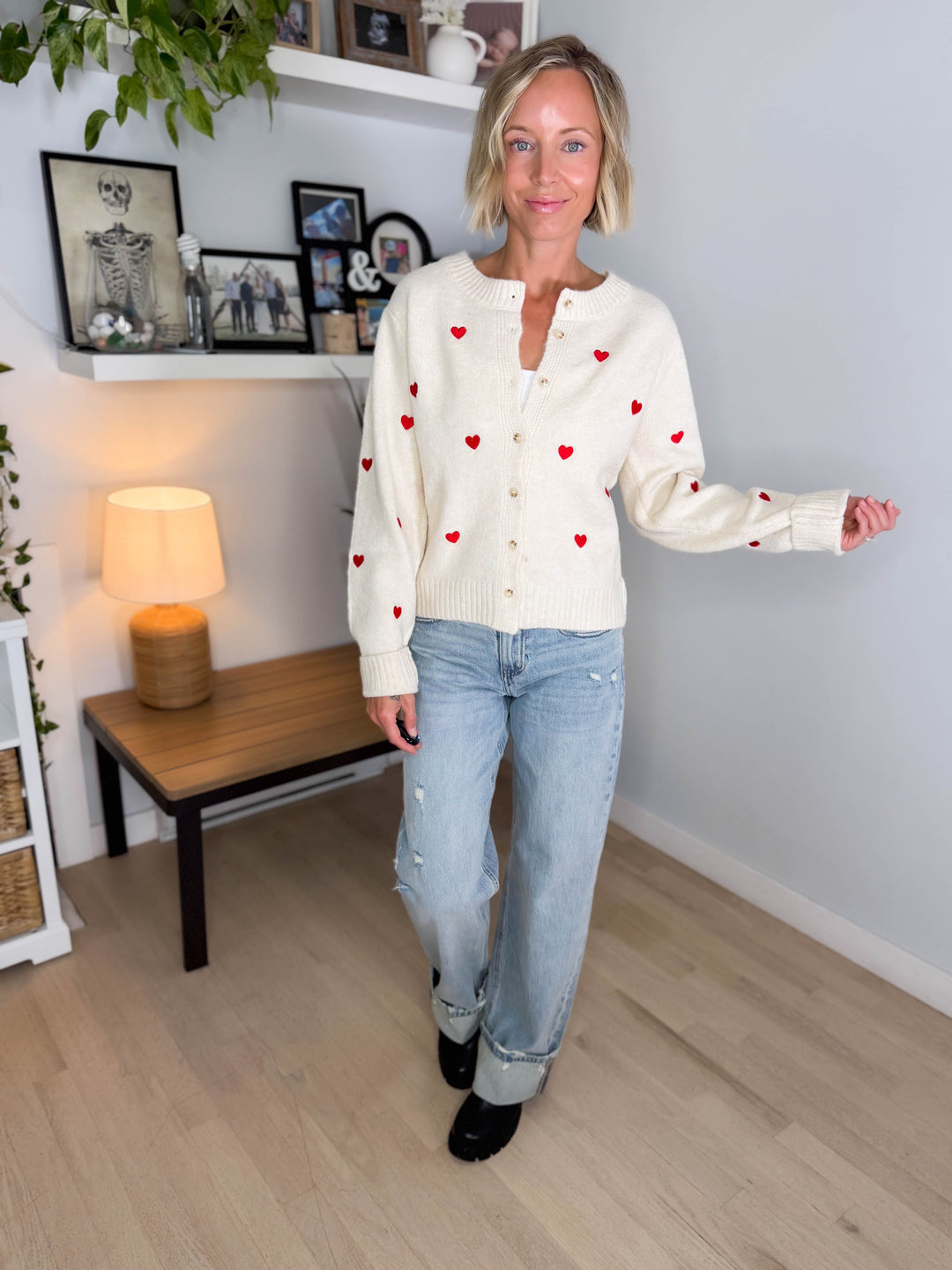 Orchard Heart Embrodiered Button Down Cardigan- ECRU