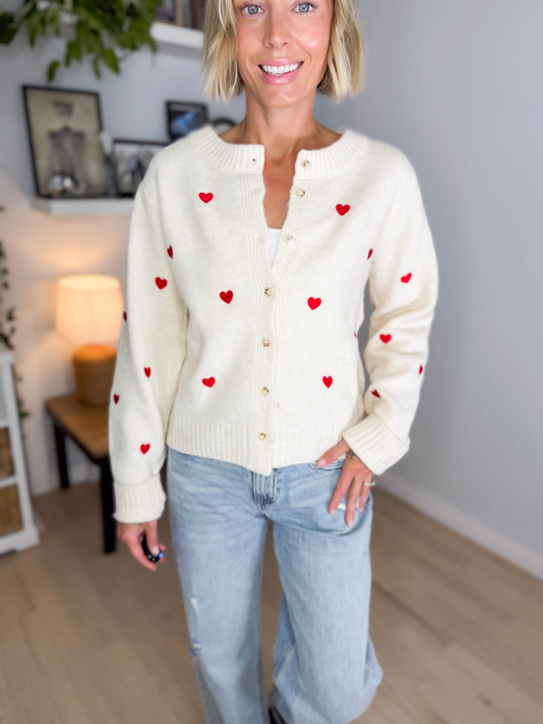 Orchard Heart Embrodiered Button Down Cardigan- ECRU