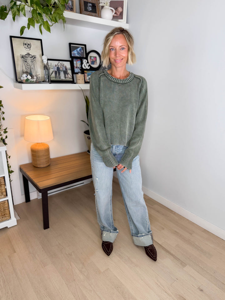 Harveston Mineral Washed Cotton Sweater- WASHED OLIVE