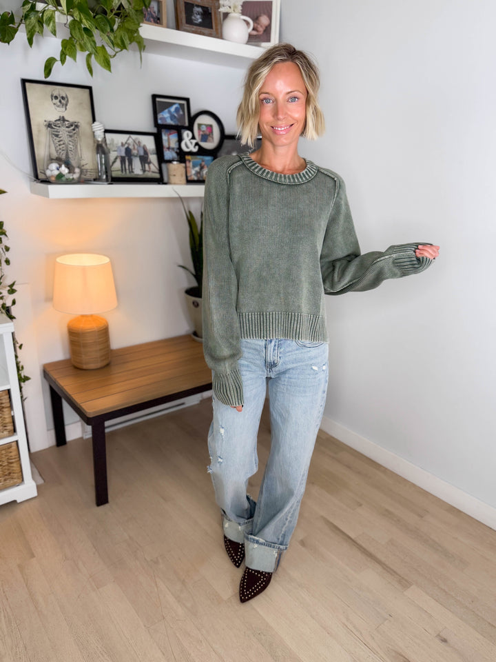 Harveston Mineral Washed Cotton Sweater- WASHED OLIVE