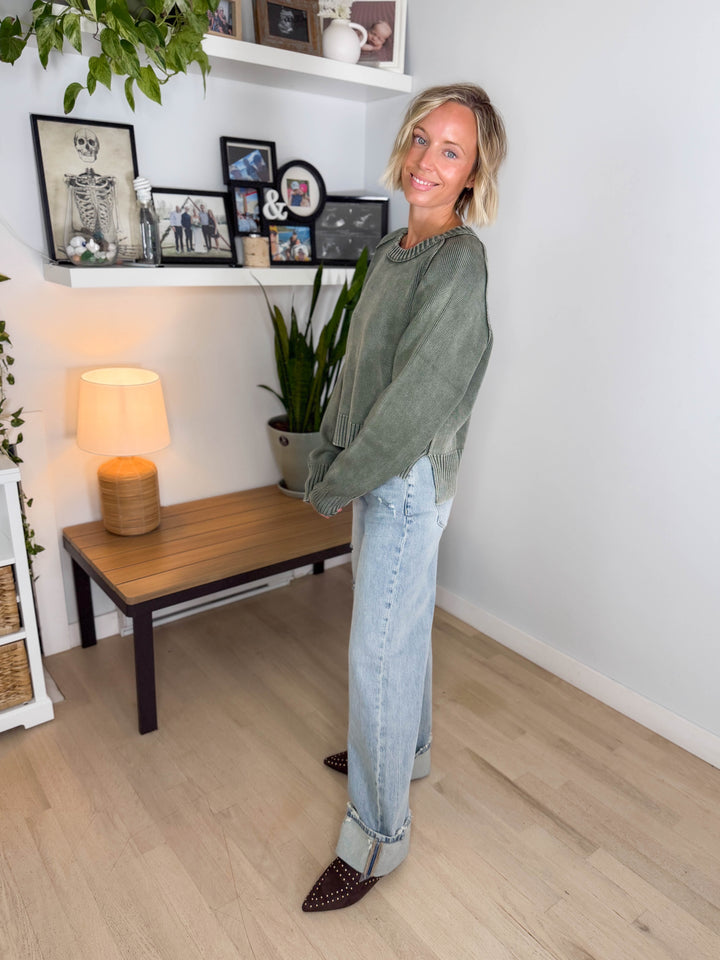 Harveston Mineral Washed Cotton Sweater- WASHED OLIVE