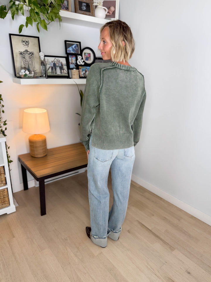 Harveston Mineral Washed Cotton Sweater- WASHED OLIVE