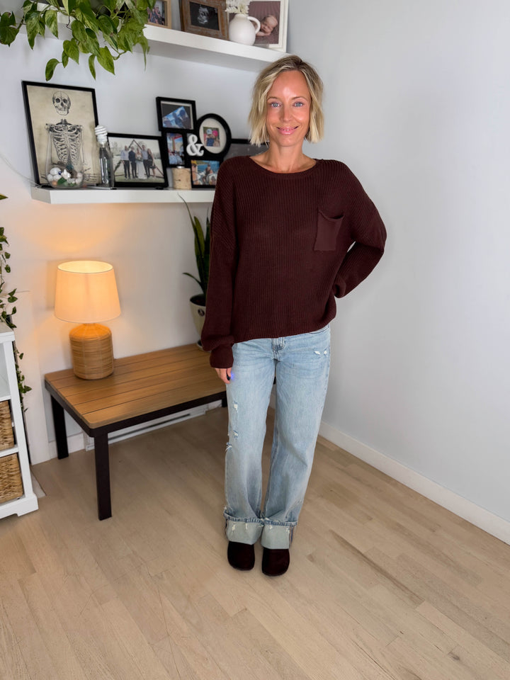Sunday Raw Edge Pocket Sweater- CHOCOLATE BROWN