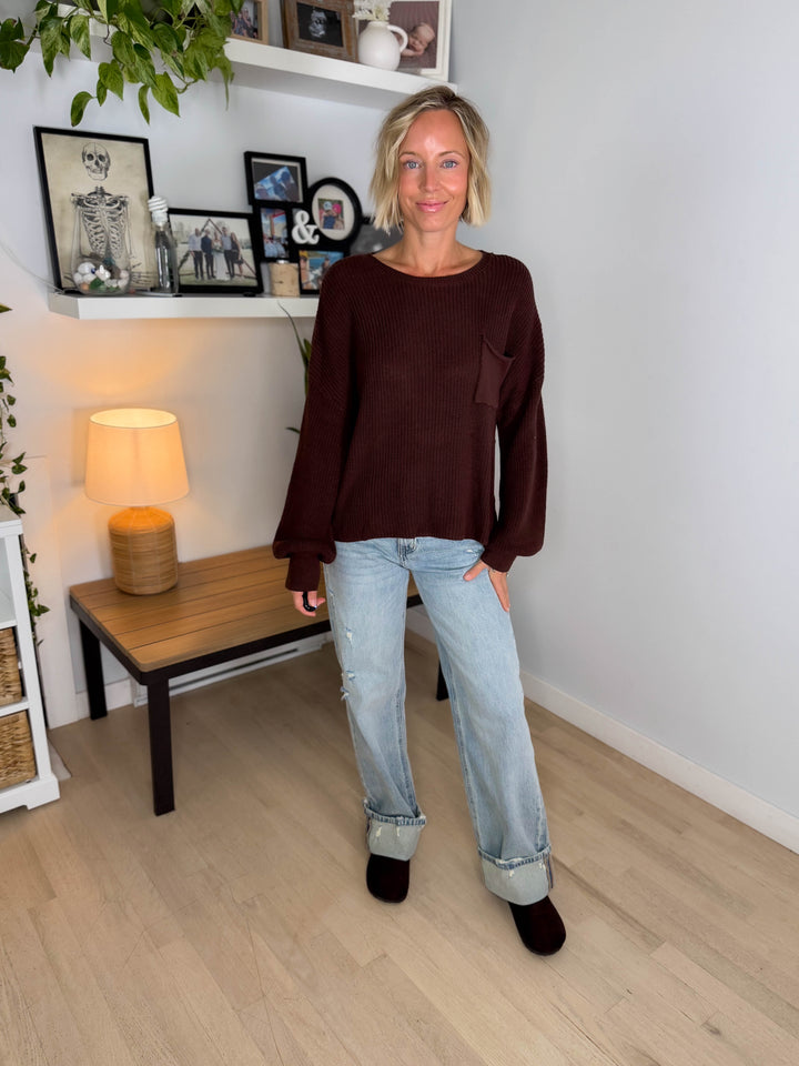 Sunday Raw Edge Pocket Sweater- CHOCOLATE BROWN