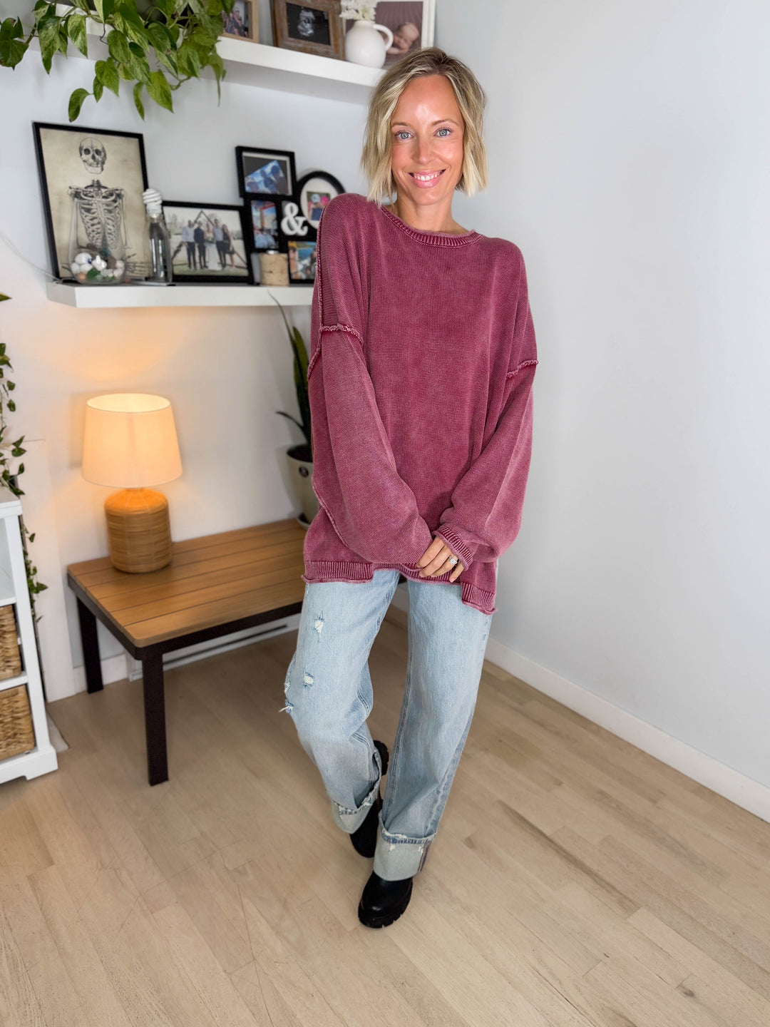 Sorel Washed Cotton Raw Edge Crewneck Sweater- BURGUNDY