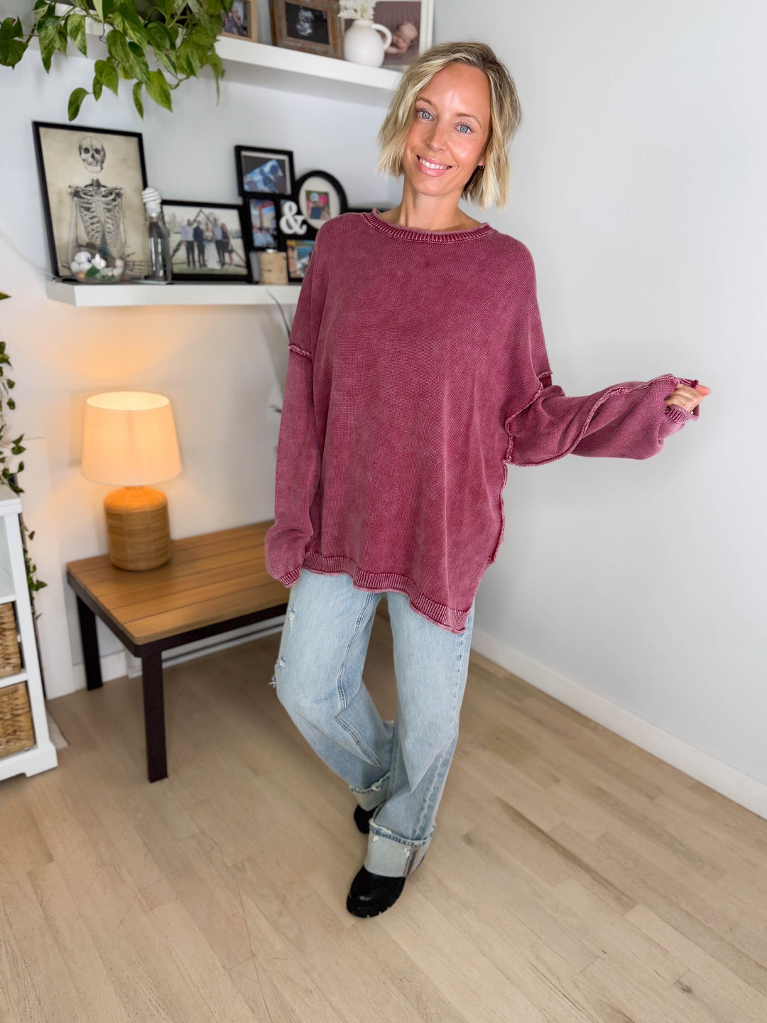 Sorel Washed Cotton Raw Edge Crewneck Sweater- BURGUNDY
