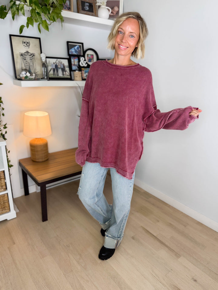 Sorel Washed Cotton Raw Edge Crewneck Sweater- BURGUNDY