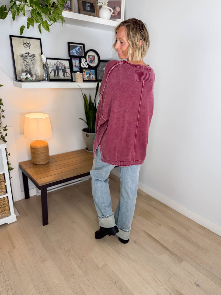 Sorel Washed Cotton Raw Edge Crewneck Sweater- BURGUNDY