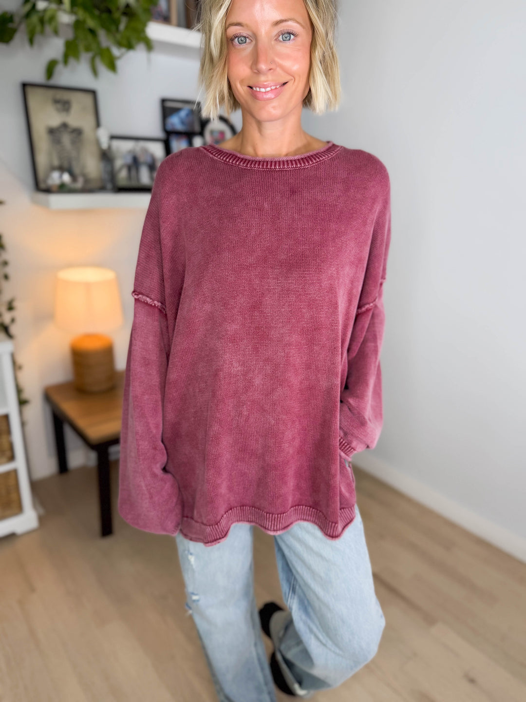 Sorel Washed Cotton Raw Edge Crewneck Sweater- BURGUNDY