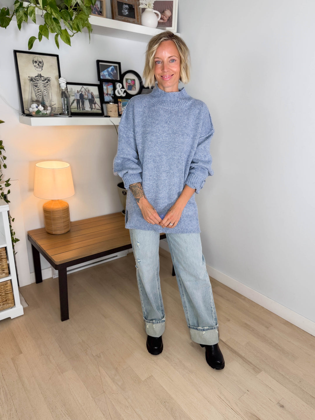 Forage Mockneck Oversized Sweater- WASHED BLUE
