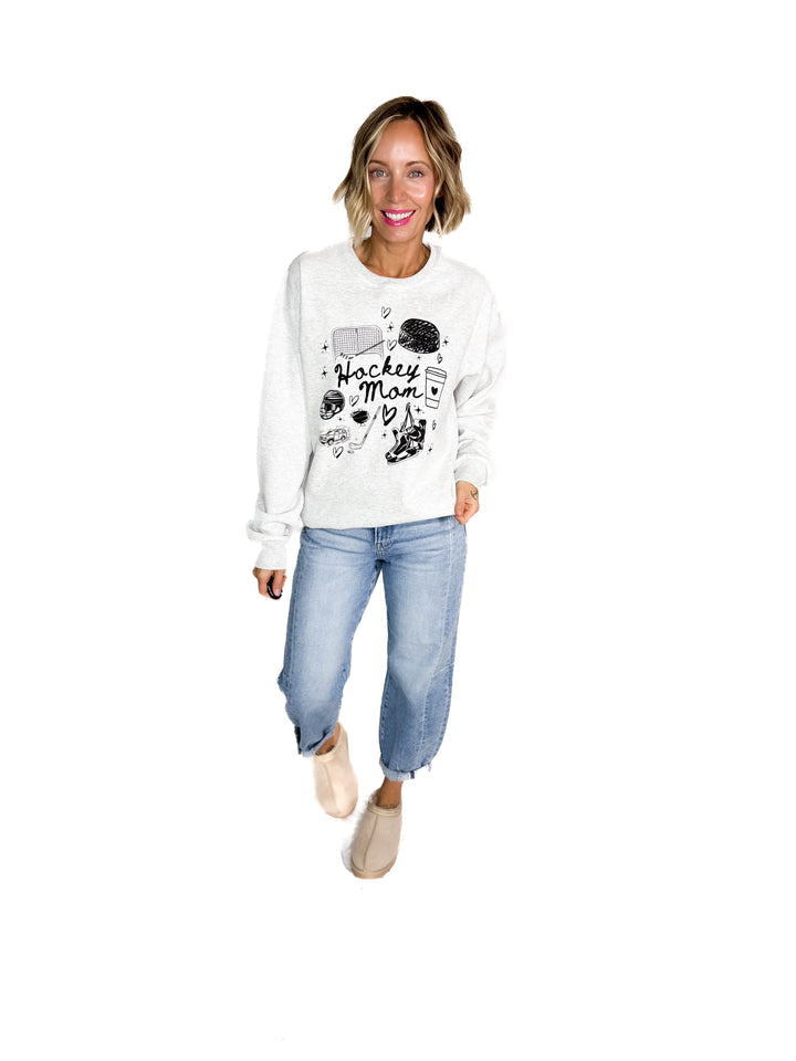 Hockey Mom Doodles Crewneck- ASH GREY