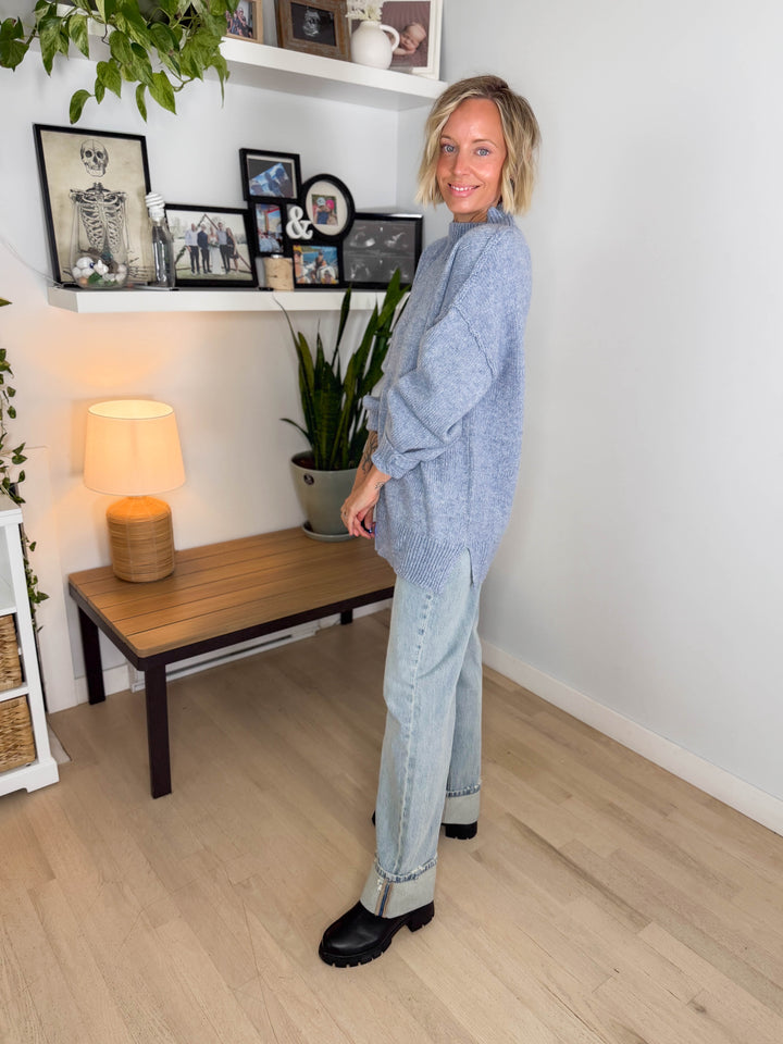 Forage Mockneck Oversized Sweater- WASHED BLUE