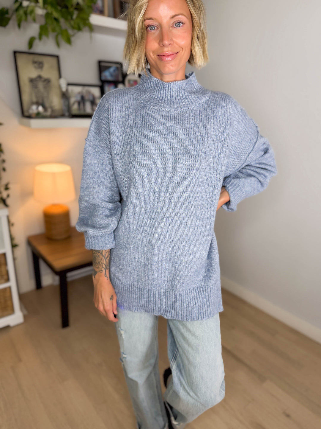 Forage Mockneck Oversized Sweater- WASHED BLUE