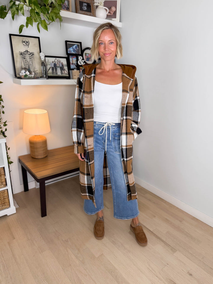 Pinewood Long Line Hooded Plaid Shacket- CAMEL