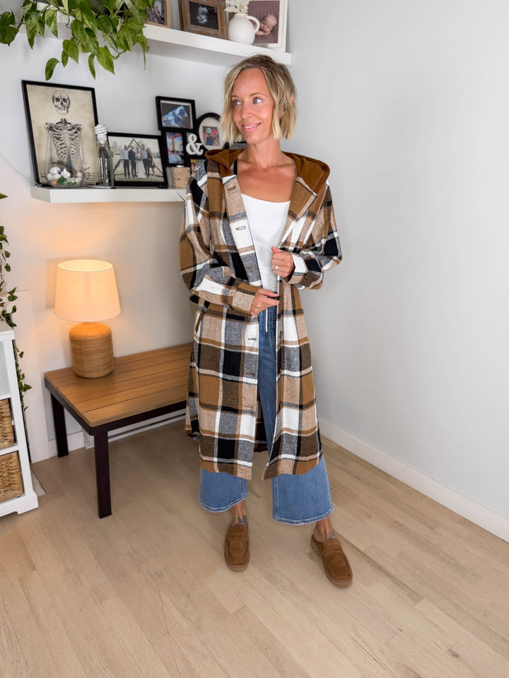 Pinewood Long Line Hooded Plaid Shacket- CAMEL
