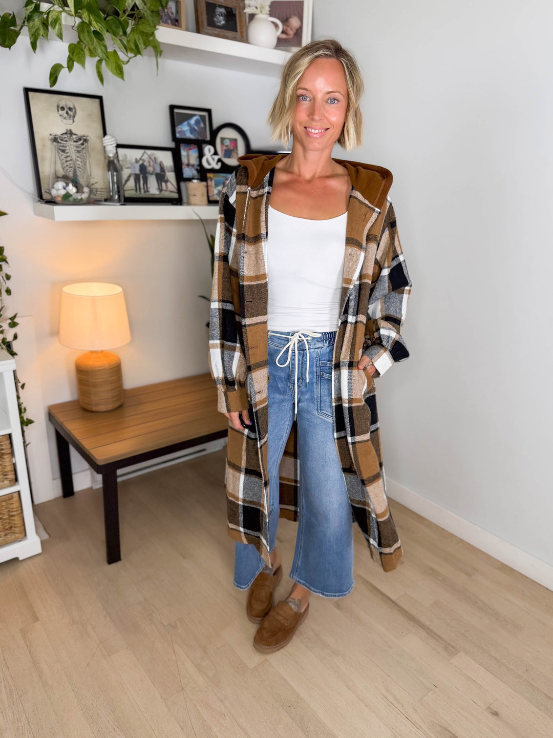 Pinewood Long Line Hooded Plaid Shacket- CAMEL