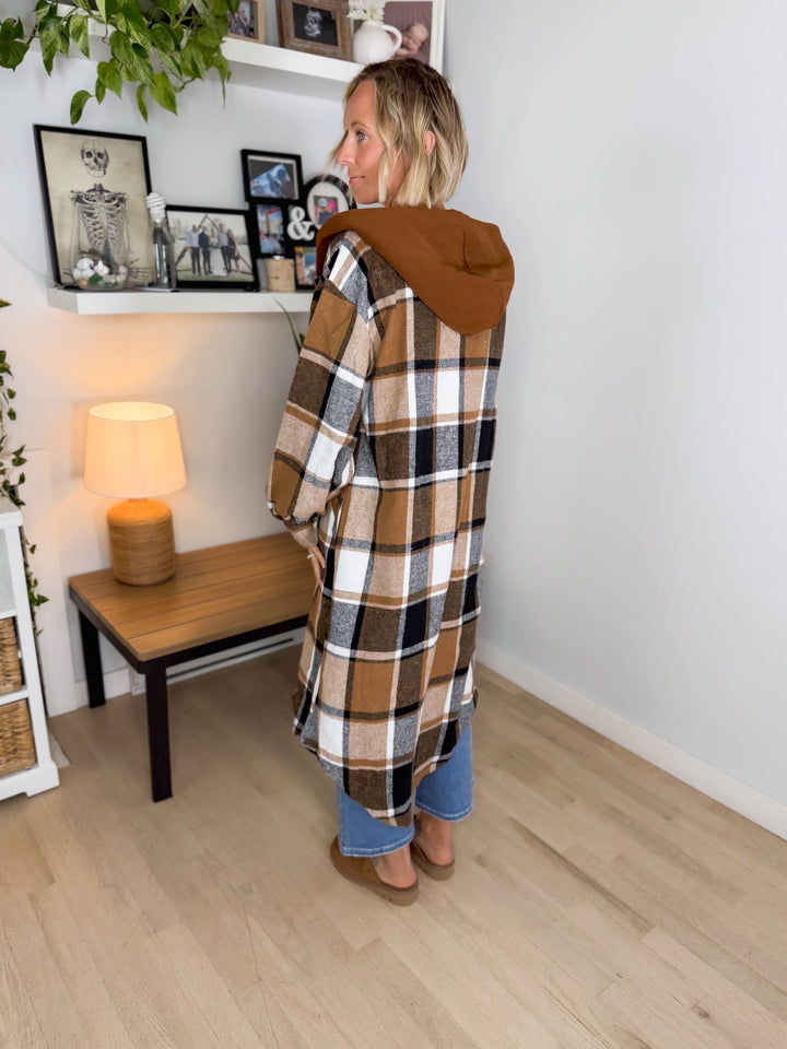 Pinewood Long Line Hooded Plaid Shacket- CAMEL