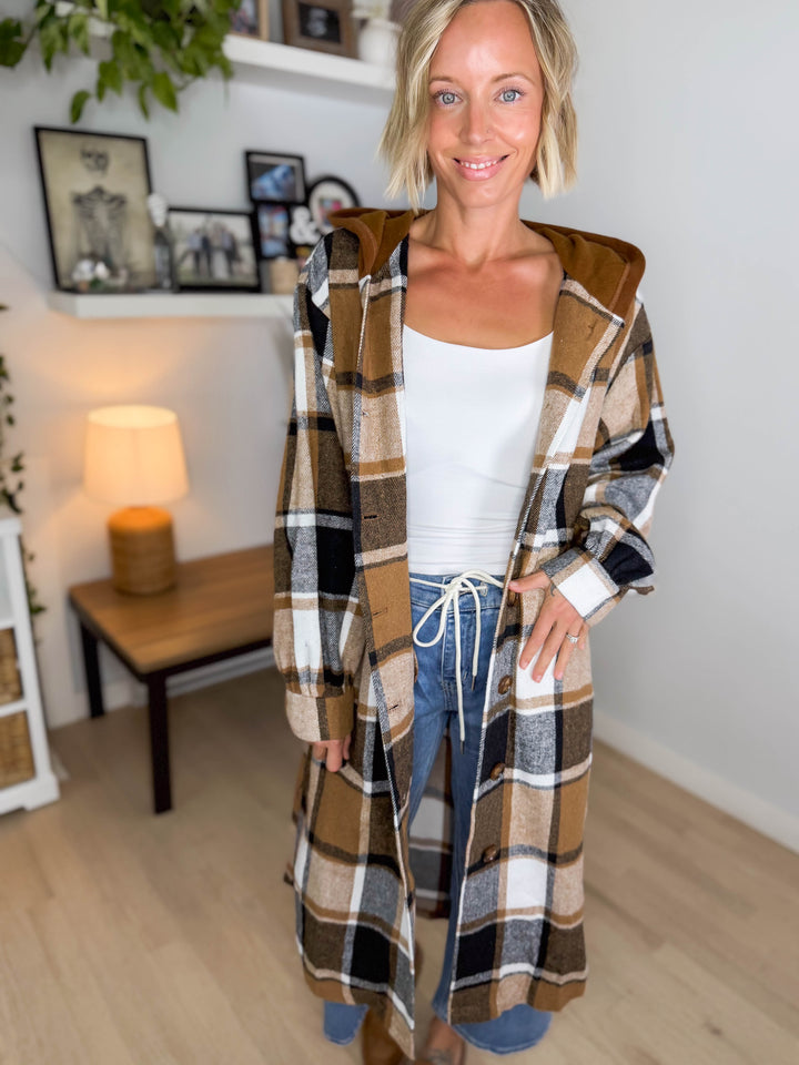 Pinewood Long Line Hooded Plaid Shacket- CAMEL