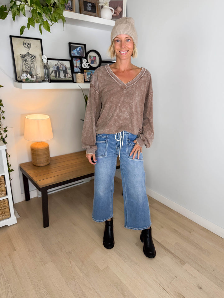 Shiloh Washed Cotton Inverted Seam Long Sleeve- COCOA