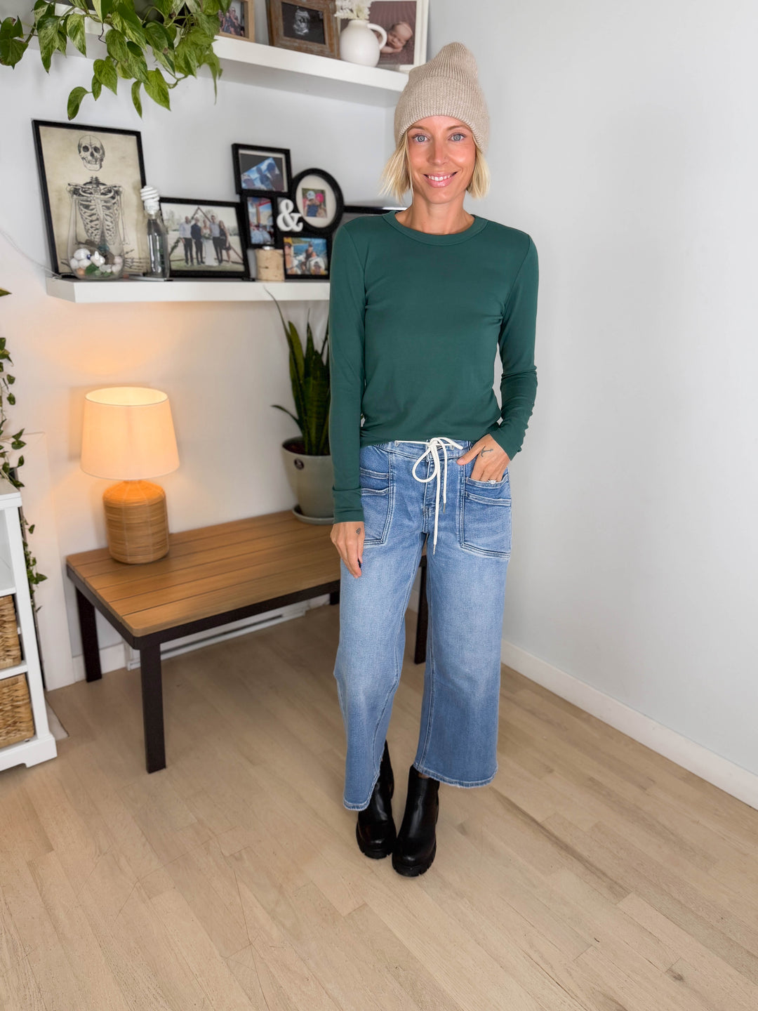 Tansy Basic Crewneck Longsleeve Knit Top- FOREST GREEN